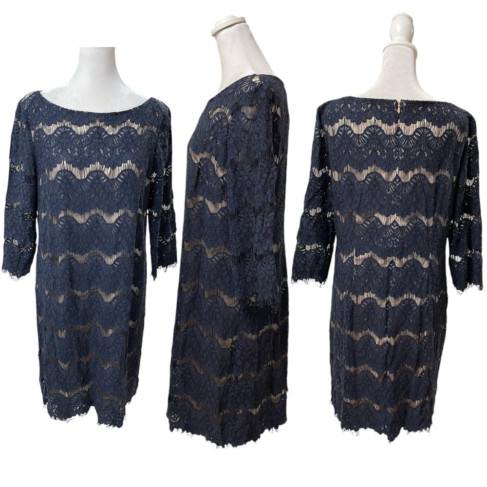Eliza J Navy Blue Lace Overlay 3/4 Sleeve Knee Length Cocktail Dress Size 14